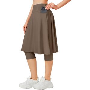 ANIVIVO 24" Long Knee Length Skirted Leggings for Women, Athletic Pleated Skirt with Leggings Workout Skirt Pockets (X-Large, Brown-front Pocket)