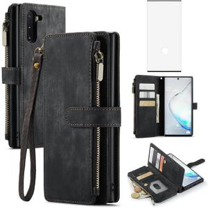 Asuwish Phone Case for Samsung Galaxy Note 10 Glaxay Note10 5G Wallet Cover and Tempered Glass Screen Protector Leather Flip Credit Card Holder Stand Cell Gaxaly Notes 10s Ten Not S10 Women Men Black