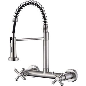 Wall Mount Kitchen Sink Faucet with Pull Out Sprayer Tow Function Commercial Spring Faucets 2 Industrial Handle High Arc Center Kitchen Faucets, Brushed Finish