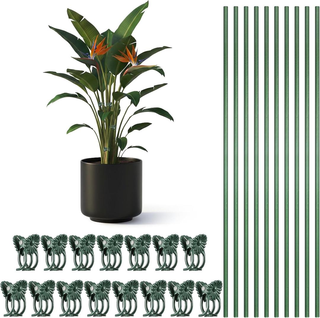Orchid Sticks and Clips Set 15.7" Plant Support Stakes for Indoor Outdoor Plants Green Bendable Plastic Sticks for Tall Plants Supports, 15.7inch/40cm