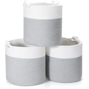 CLHMILY&Z 3 Pack Round Woven Cotton Storage Bins 11x11x11 Inch Collapsible Organizer Baskets for Cube Shelves Kids Room Closet and Home Decor Soft Durable Washable, grey