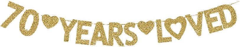 70 Years Loved Banner, Happy 70th Birthday Party Decorations Gold Gliter Paper Signs