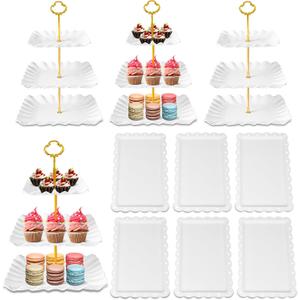 10 Pack Dessert Table Display Set - 4 x Three-Tier Square Cupcake Stands and 6 x Serving Trays, Elegant Tableware for Cakes, Cupcakes, Pastries, and Snacks, Perfect for Parties (White)