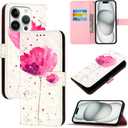 Case for iPhone 16 Pro, 3D Wallet Case PU Leather with[Card Holder][Kickstand][Wrist Strap][Magnetic Closure] Shockproof Flip Cover for iPhone 16 Pro Pink Flower YB-3D