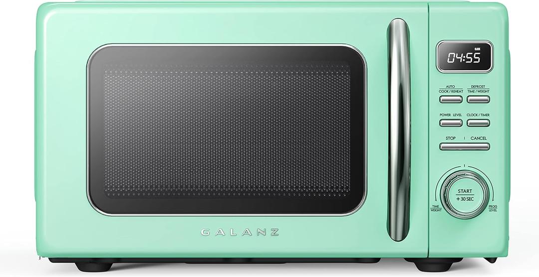 Galanz GLCMKZ11GNR10 Retro Countertop Microwave Oven with Auto Cook & Reheat, Defrost, Quick Start Functions, Easy Clean with Glass Turntable, Pull Handle, 1.1 cu ft, Green