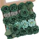 Artificial Flowers Combo Box Dark Green Fake Rose Flower for Wedding Decor | Mix Silk Dahlia Mum Flowers with Stem for DIY Bridal Bouquet, Table Centerpiece, Floral Arrangement, Baby Shower Decorations
