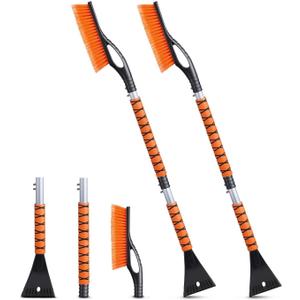 EcoNour 43" Ice Scrapers for Car Windshield Extendable | 3 Parts Detachable Telescopic Snow Brush for Car, Trucks, SUV | Long Snow Scraper with Brush | Car Winter Accessories (2 Pack) (Orange)