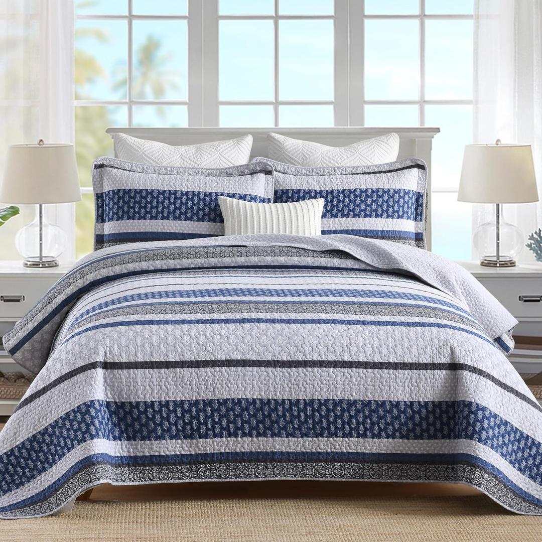 Quilt Bedding Set Queen Size - 100% Cotton Comforters Set Queen Size,Gray Blue Quilts Bedspread for The Bed, Farmhouse Lightweight Bedding and 2 Pillow Shams All Season