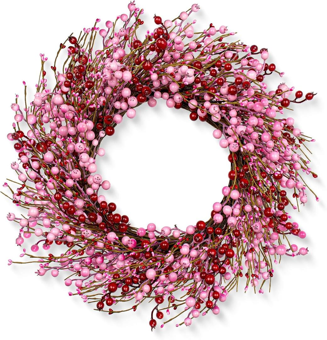 LLZLL Valentines Day Wreath 22 Inch Valentines Day Wreaths for Front Door Artificial Valentines Day Door Wreath with Pink and Red Berries for Valentine's Day Anniversary Wedding Decor