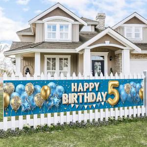 5th Happy Birthday Banner Blue Gold Birthday Backdrop Balloons Stars Confetti 118x20 inches Fun Party Decor Supplies for 5th Birthday Celebration Photo Backdrop Wall Hanging Decoration
