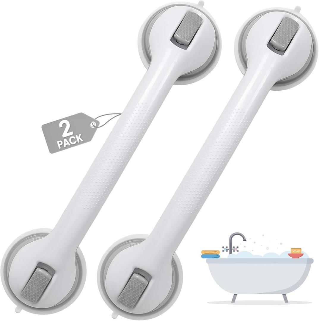 Auroras Strong Suction Cup Grab Bars for Bathtubs and Showers, 2 Pack Removable Heavy Duty Shower Grab Bars for Seniors No Drilling, 16 Inch Non-Slip Shower Handles for Elderly,Children,Injured (Gray)