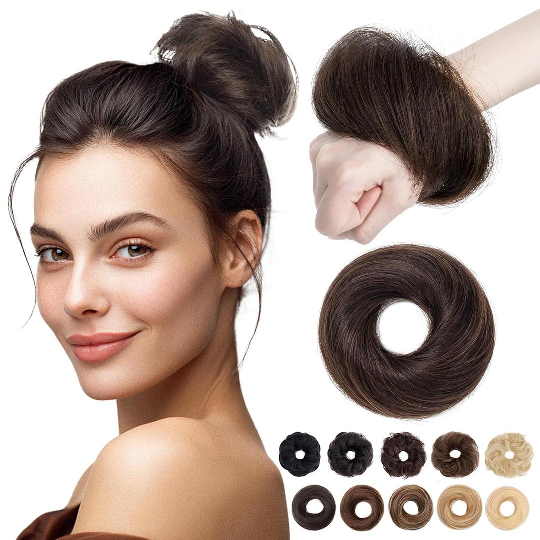 MY-LADY Messy Bun Hair Pieces Human Hair for Women Real Hairpiece Straight Scrunchies Tousled Updo Donut Chignon Ponytail Extension Dark Brown