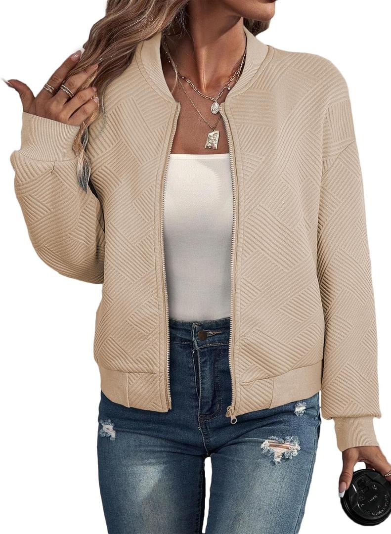 EVALESS Womens Bomber Jacket Coat Casual Stand Collar Zip Up Lightweight Fall Fashion Jackets Outfits with Pockets (Beige, S)