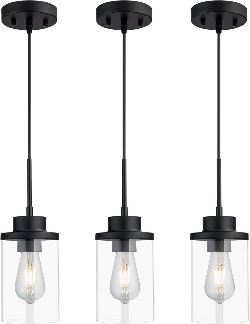 Modern Black Farmhouse Clear Glass Cylinder Pendant Light Fixture, Adjustable Height Hanging Pendant Lighting for Kitchen Island, Dining Room, Bedroom & Hallway (3 Packs)