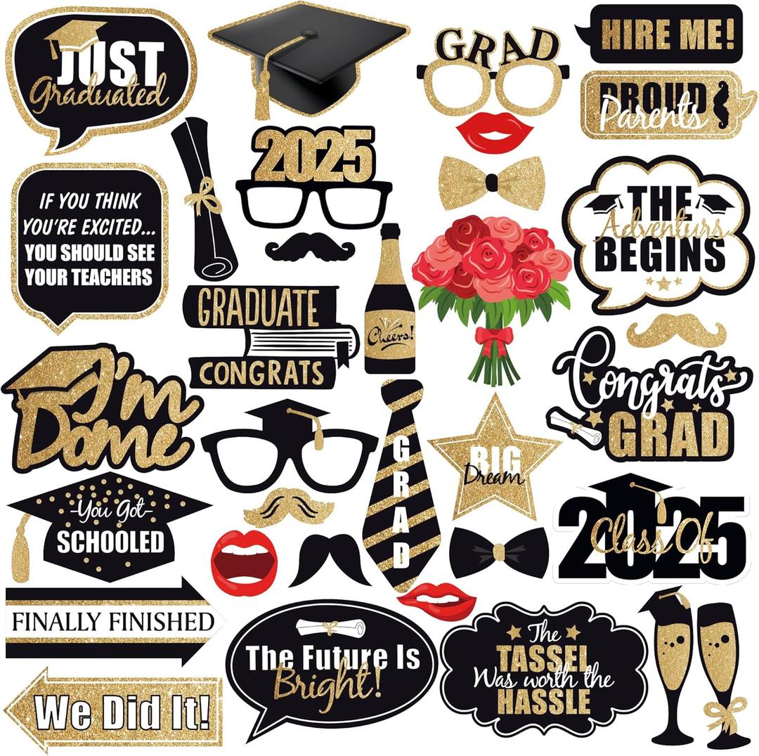 KatchOn, Graduation Photo Booth Props - Pack of 34 | Black and Gold Grad Photo Props for Grad Decor | Grad Photo Props 2025 | Graduation Decorations 2025