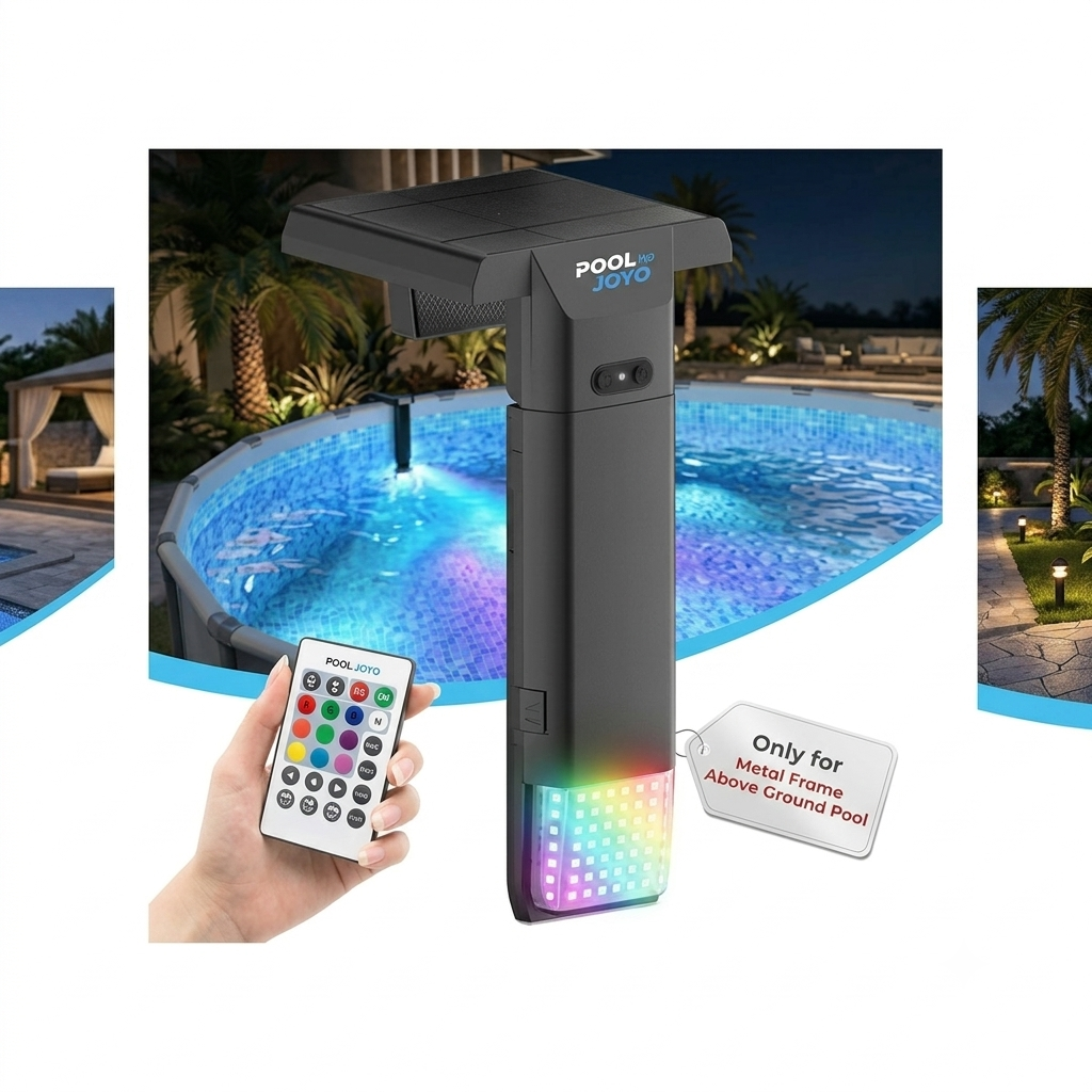 POOLJOYO Solar Pool Lights Only for Metal Frame Above Ground Pools, 1.71–3.9 Top Rails, Remote Control, Brighter 3-Sided 180° Underwater Glow, 10 Colors 4 Modes, IP68 Waterproof（1 Pack）