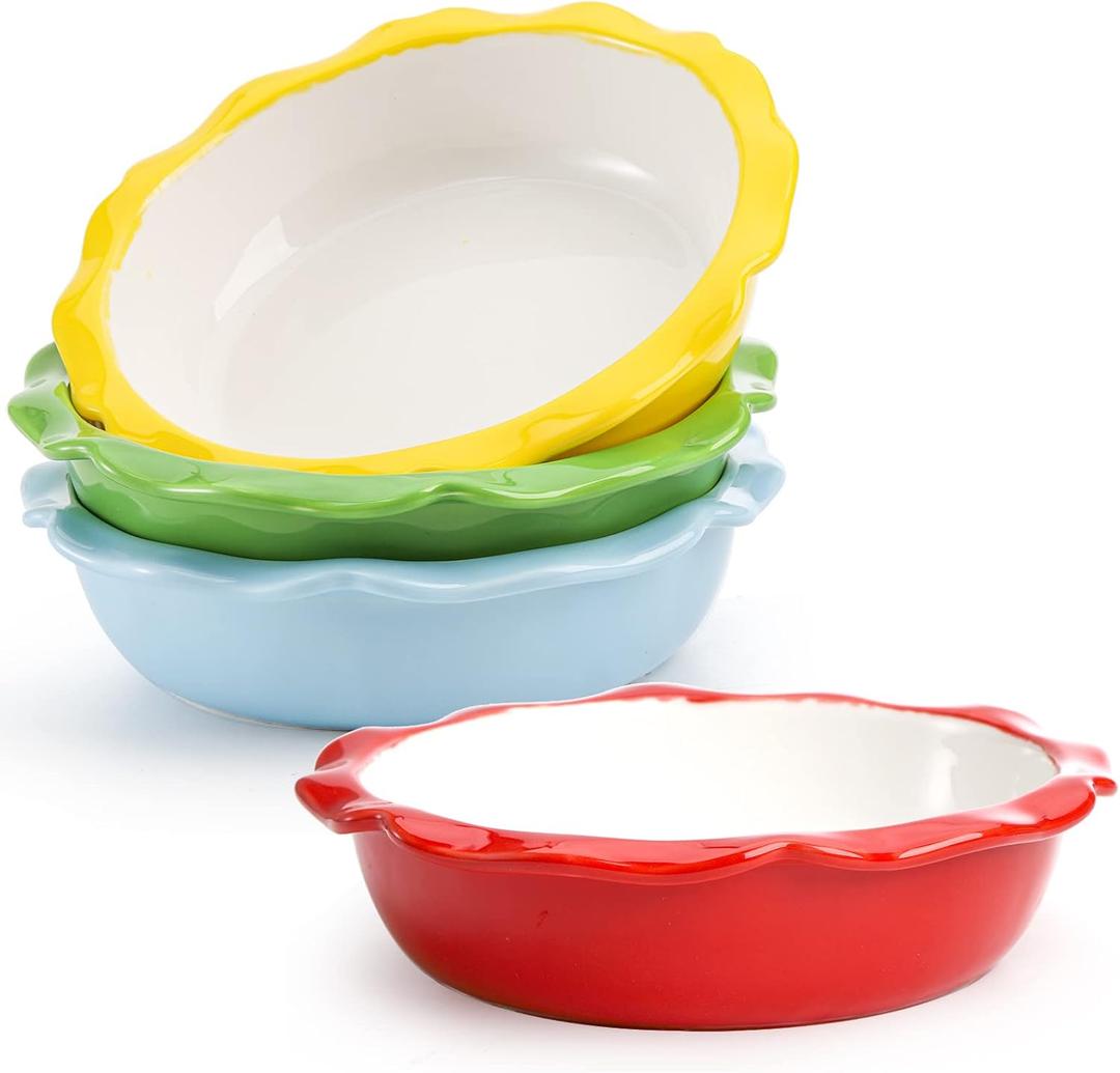 Lawei 4 Pack Ceramic Pie Pans, 6.5 inch Mini Pie Dish, 12 Oz Individual Pie Plate for Dessert Kitchen, Round Baking Dish Pan with Ruffled Edge for Dinner, Dishwasher & Microwave & Oven Safe