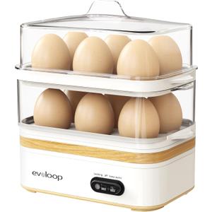 Evoloop Rapid Egg Cooker Electric 12 Eggs Capacity, Soft, Medium, Hard Boiled, Poached, Omelet Maker Egg Poacher & Vegetable Steamer, BPA Free Tray, White