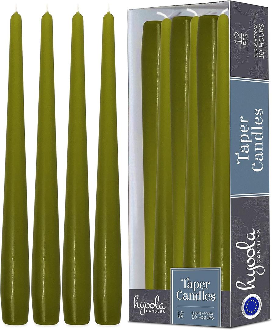Hyoola Tall Taper Candles - 12 Inch Olive Green Unscented Dripless Taper Candles - 10 Hour Burn Time - 12 Pack