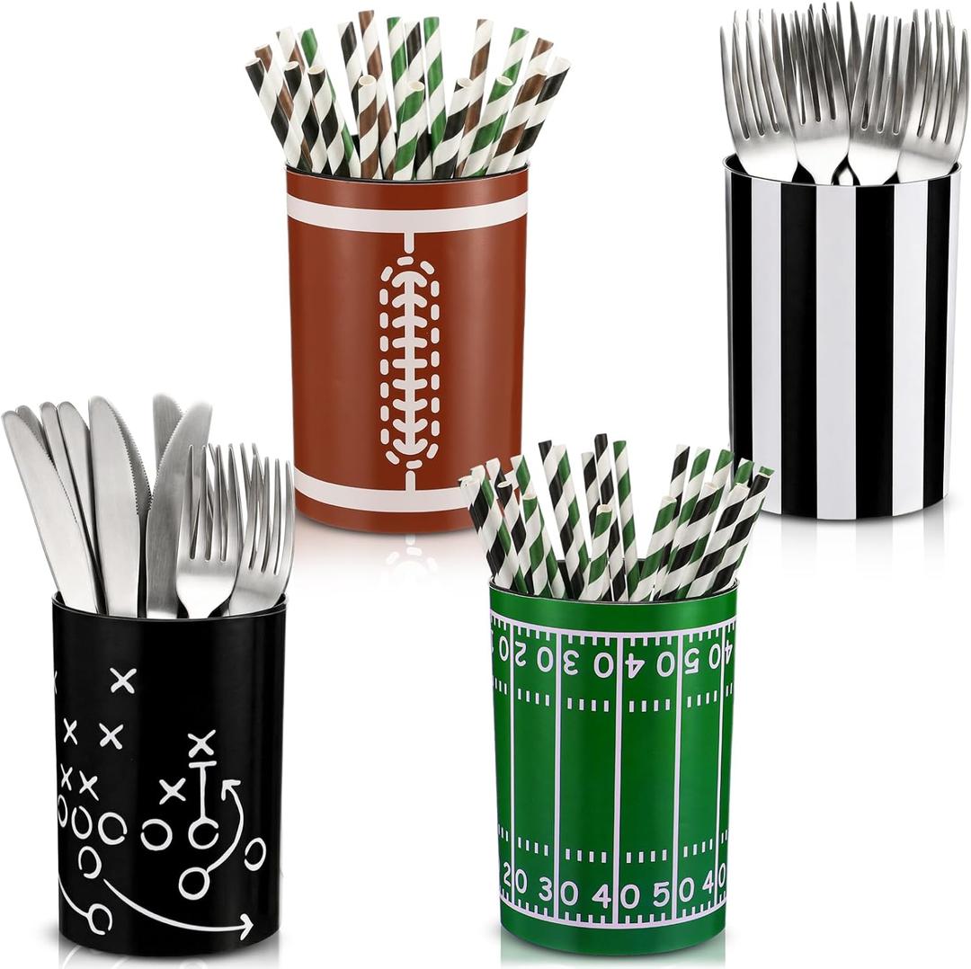Qinyoung 4 Pcs Football Utensil Holder Football Party Decorations Centerpiece for Table Sports Themed Plastic Chopsticks Holder with 4 Custom PVC Stickers for Kitchen Counter House Decoration