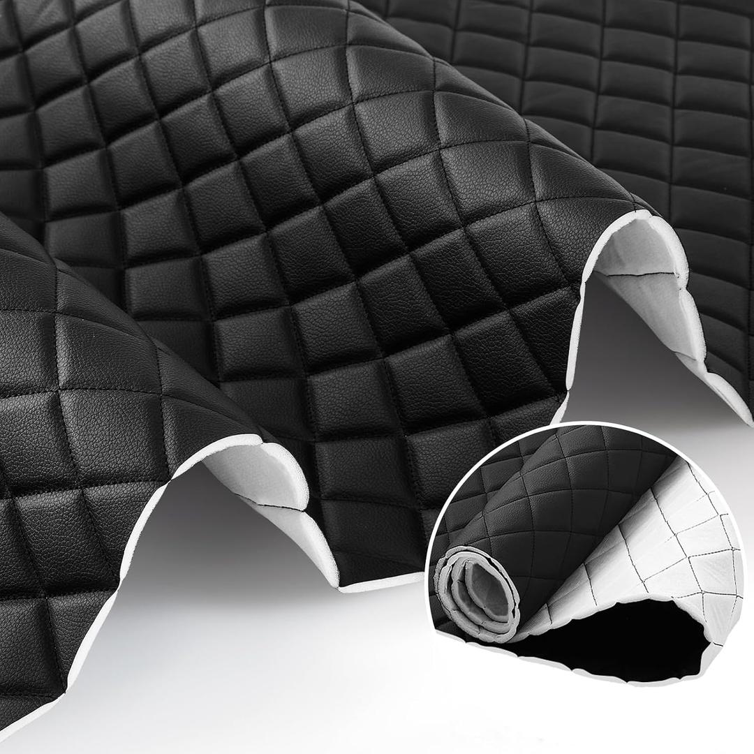 SmoothNovelty 1.1 Yards Diamond Quilted Vinyl Headliner Material 55 in Wide Faux Leather with Foam Backed 2" x 3" Diamonds Pattern Fabric for Car Furniture Upholstery(Black)