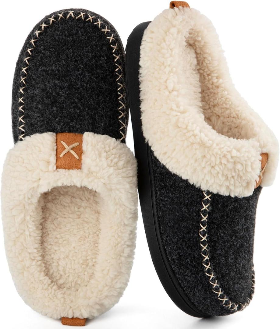 LongBay Womens Felt Sherpa Warm Slippers Bedroom Cozy Memory Foam Moccasin House Shoes with Fuzzy Plush Lining for Winter Indoor Outdoor (9-10, Black)