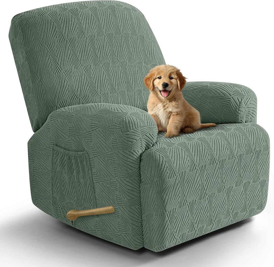 VANSOFY Recliner Chair Covers, 4-Pieces Stretch Recliner Cover Jacquard Soft Reclining Chair Slipcover Furniture Protector with Elastic Bottom for Lazy Boy Recliner(Bean Green) (1 Seat)