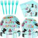 SiliFine 122 Pcs Cat Birthday Party Supplies Disposable Cat Themed Tableware Include 24 Dinner Plates 24 Dessert Plates 50 Paper Napkins 24 Forks Kitten Birthday Party Decoration for 24 Guests (Green)