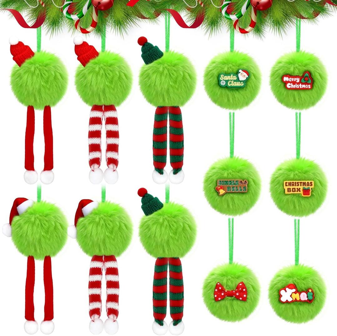 JULMELON 12 Pcs Lime Green Furry Christmas Ball Decor, 3.15 Inch Whimsical Christmas Tree Ornaments Balls with Santa hat Xmas Green Furry Ornaments Ball Hanging Tree Decorations for Home Party Decor