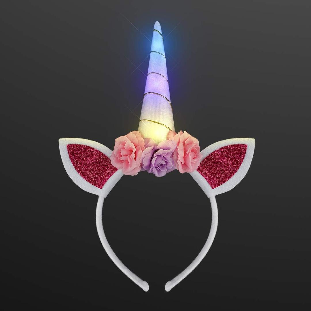 FlashingBlinkyLights Light Up Unicorn Headband with Ears, Flowers & Magical Color Changing LED Horn
