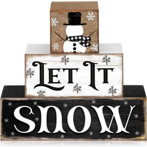 3 Pcs Winter Let It Snow Tiered Tray Decor Table Sign Winter Theme Wood Decorations Centerpiece Decor for Party Gift Desk(Snowman Style)
