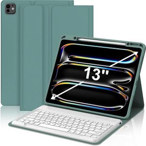 JADEMALL Keyboard Case for iPad Pro 13 inch (M4) 7th Generation 2024, Wireless Bluetooth, Detachable Keyboard with Pencil Holder, Sleep/Wake Synthetic Leather Folio, Dark Green