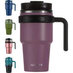20 oz Insulated Coffee Mug Tumbler with Handle, Stainless Steel Travel Mug Tumbler with Lid and Straw, Double Wall Vacuum Leak Proof Ice Coffee Thermal Cup, Plum