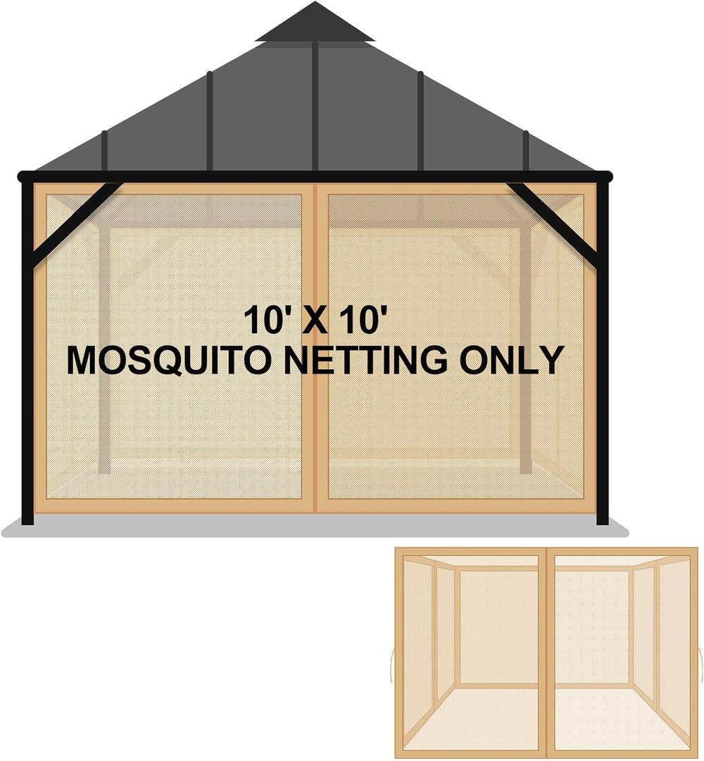 Tatuo Gazebo Universal Replacement Mosquito Netting 10 x 10 ft Outdoor Mesh Net Screen 4 Panel Sidewall Gazebo Curtains, with Zipper for Patio Canopy Porch Garden Camping (Khaki)