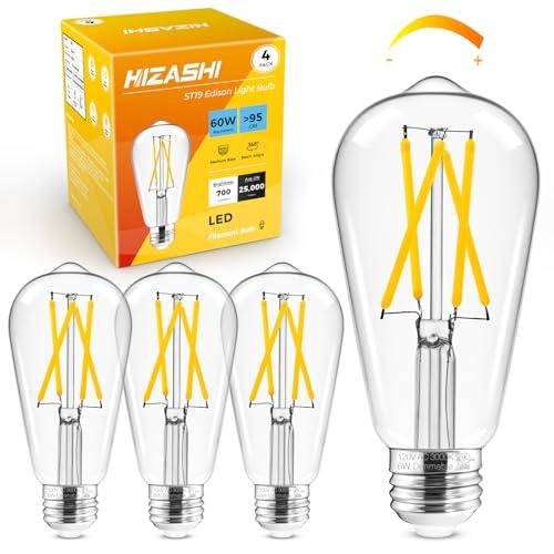 Hizashi LED Edison Bulbs, 6W, Equivalent 60W, Dimmable E26 LED Bulb, 3000K Soft White, 95+ CRI 700 Lumens, ST19 Vintage Light Bulbs, Clear Glass, Pack of 4