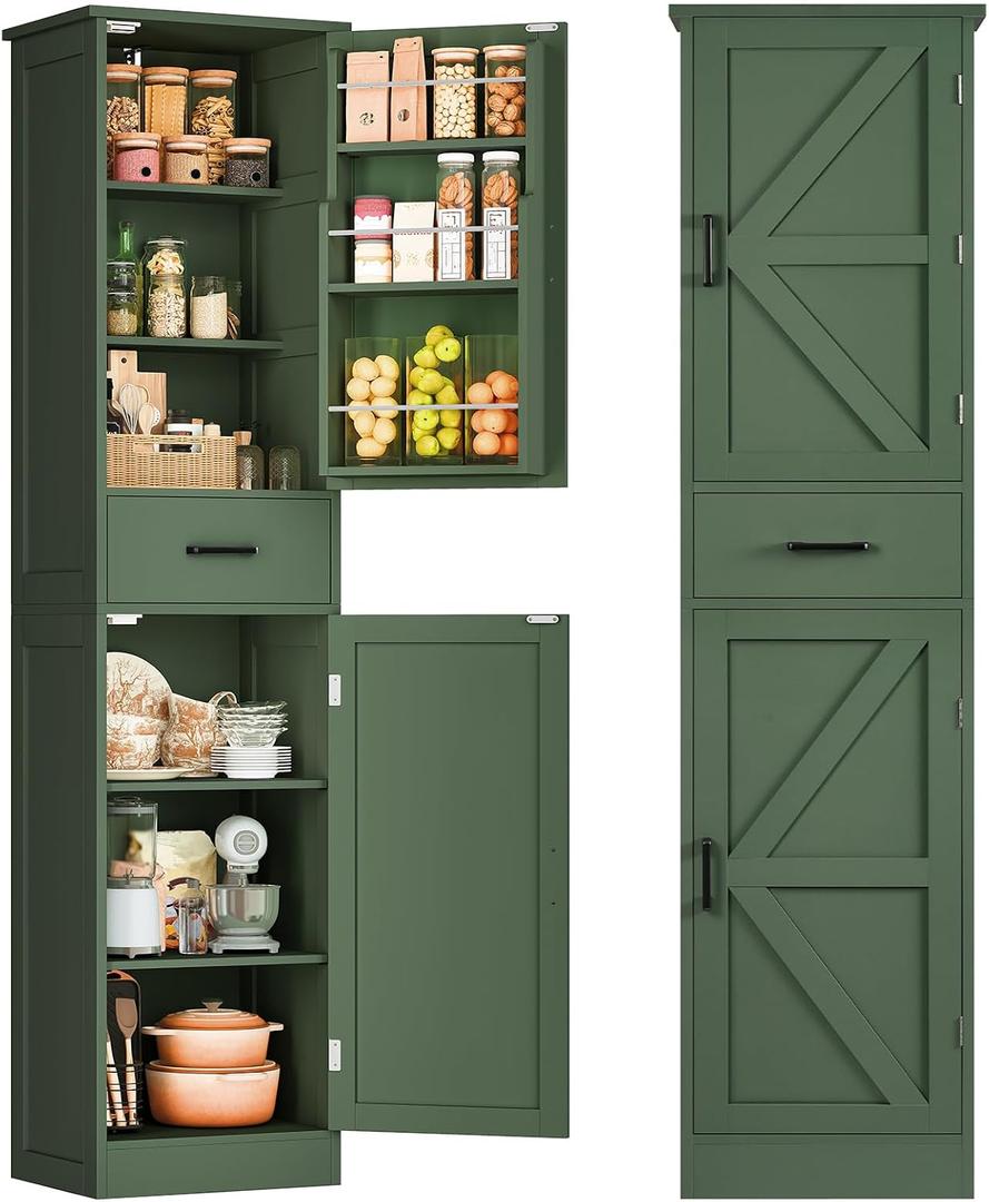 TEENFON Kitchen Pantry Cabinet with 3 Door Shelves & 1 Drawer, Narrow Bathroom Cabinet with Adjustable Shelves, Tall Storage Cabinet for Living Room, Bathroom, Entryway, Green, 11.8"D x 15.7"W x 67"H