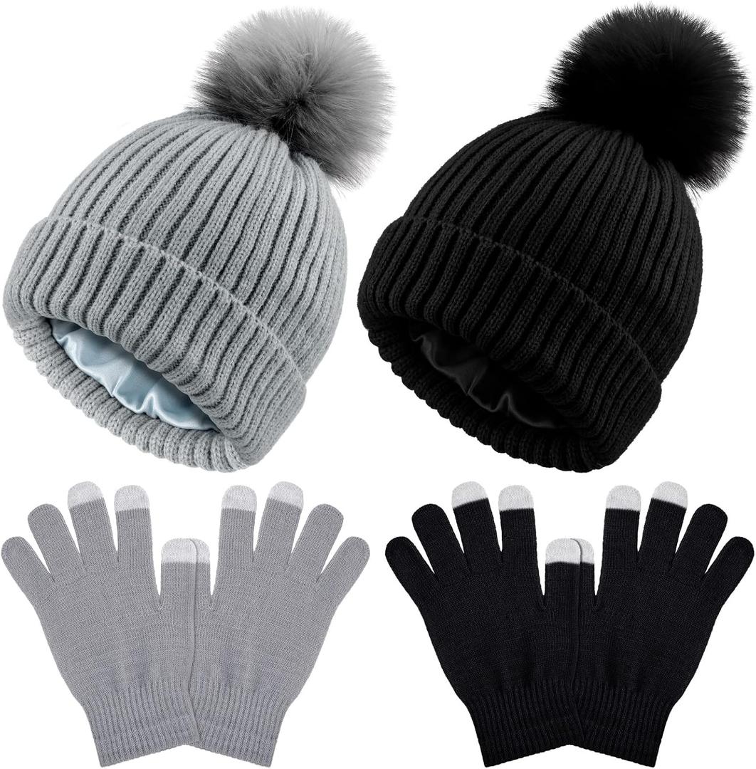 4 Pieces Womens Winter Satin Lined Knit Pom Beanie Hats Touchscreen Gloves Set (Black and Gray,Cute Style)