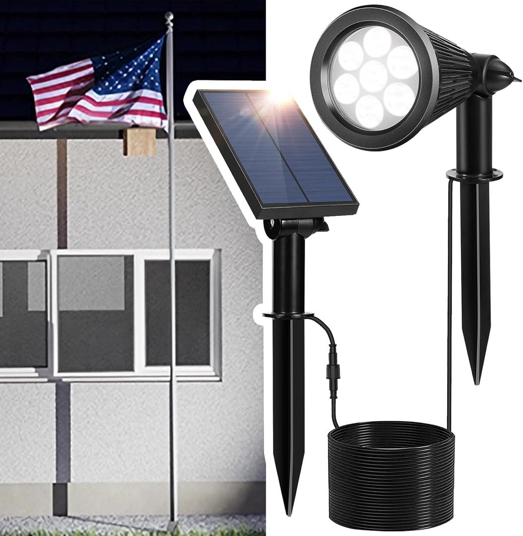 Solar Spotlight Outdoor, Spot Light with Separate Solar Panel  24.6ft Long Waterproof Cable, Bright 7-LED Ground Flag Pole Light, Dusk-to-Dawn Landscape Lighting for Flag, House, Tree, Garden (White)