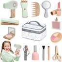 Wooden Makeup Toy Set, Pretend Play Wood Beauty Salon Playset for Girls, Wood Makeup Kit with Cute Fake Makeup Set Gift for Toddler 3 4 5 6 7