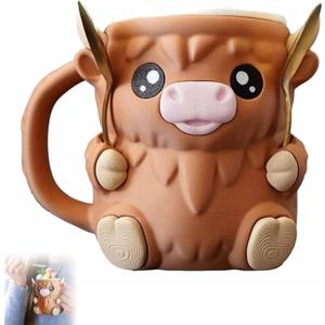 Highland Cow Ice Cream Pint Holder, 16oz Leak Proof Insulating Sleeve Cover with Handle, Hidden Snack Drawer & Spoon Storage, Cute Animal Design Beer Can Cooler, Gift for Highland Cow Lovers (Brown)