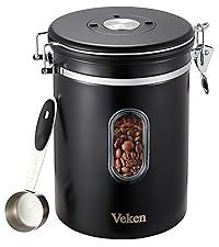 Veken Coffee Canister with Window,Airtight Stainless Steel Container,Home Kitchen Food Storage Organizers for Grounds,Beans,Espresso,Rice,Tea,Sugar,Flour, Cereal,Scoop,Bar Accessories, Gifts, 22OZ, Black