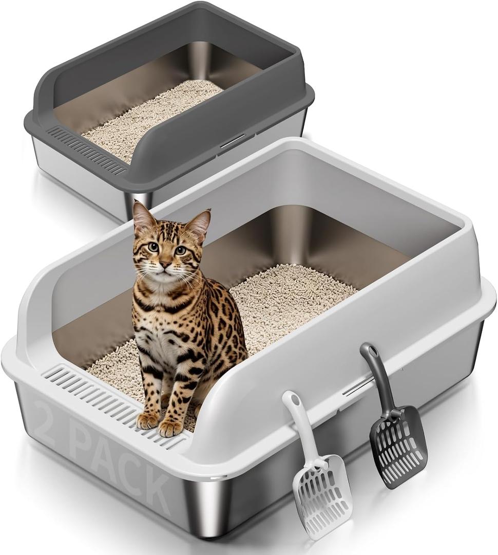 2 Pack Stainless Steel Cat Litter Box with Lid, Large Metal Litter Pan for Adult Cats, Multi-Cats, High Sides with Anti-Leakage Enclosure, Easy Cleaning, Non-Stick, Anti-Scratch,Include Scoop