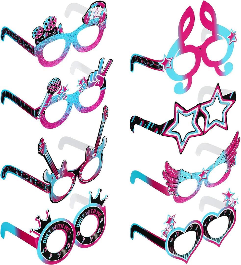 24 Pieces Music Party Decorations Funny Mask Paper Eyeglasses Fancy Costume Glasses Photo Booth Props Music Birthday Party Decorations Supplies for Boy Girl Kids Party Favors Gift Bag Filler