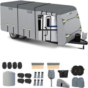 Windproof RV Cover for 20'-22' Travel Trailer, Upgraded 8 Layers Top UV Resistant Waterproof Camper Cover with 4 Tire Covers & Tongue Jack Cover, Extra Windproof Ropes