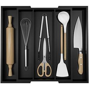 Kitchen Utensil Organizer Silverware Tray - Bamboo Flatware Organizer Expandable 5 Slots Multipurpose Silverware Organizer for Office Storage Garage Organization W13.7"-19.9" x L17.6" X H2.5" (Black)