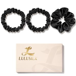 LULUSILK Black Silk Scrunchies for Hair Sleep, 100% Real Mulberry Silk, No Damage Hair Ties for Women and Girls, Pack of 3