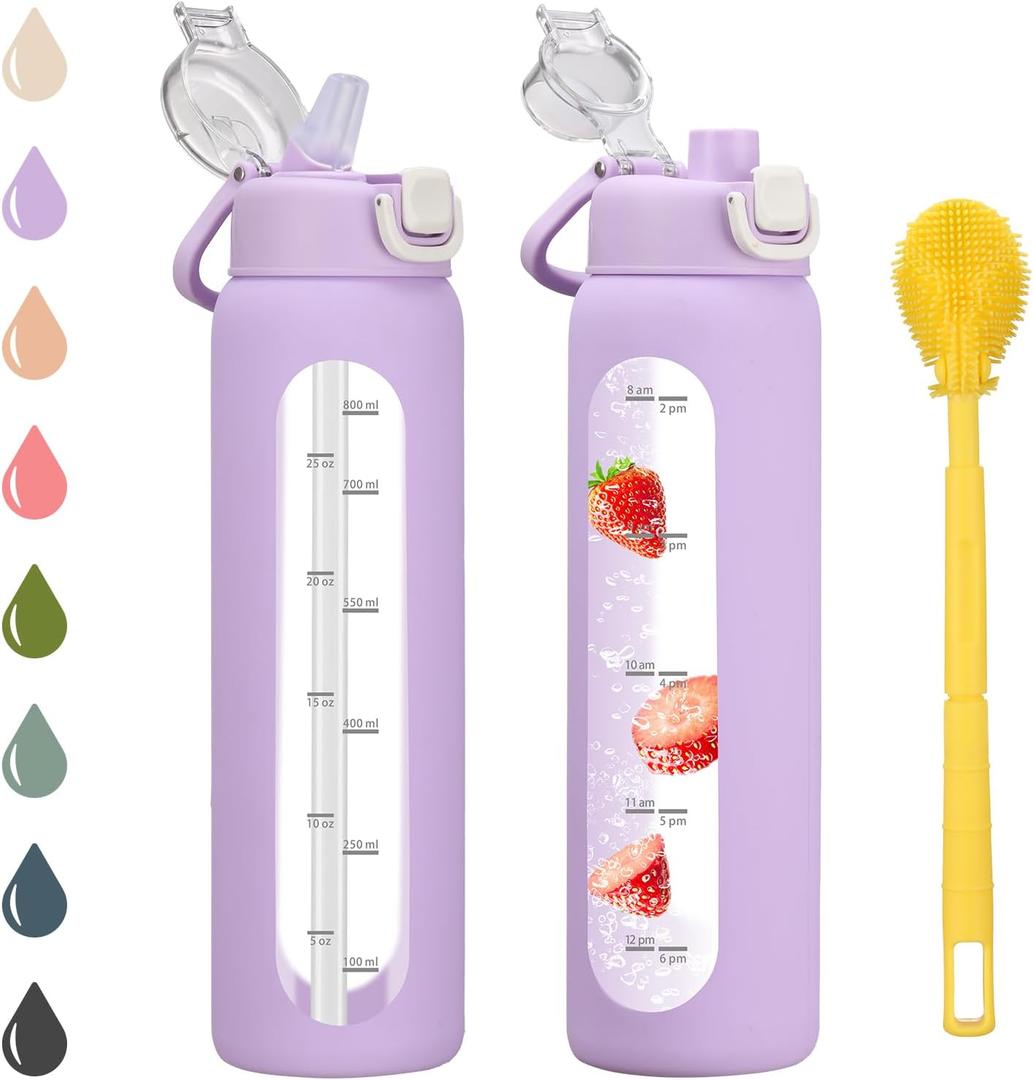 Chunmo 32 oz Glass Water Bottle with 2 Lids-Handle Spout Lid & Straw Lid, 1 Liter Motivational Borosilicate Water Bottle with Time Marker and Silicone Sleeve,Leakproof-Purple-1 Pack