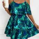 SOLY HUX Women's Summer Floral Mini Dress Cold Shoulder Ruffle Dresses (Green, L)