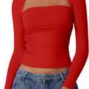 QINSEN Long Sleeve Square Neck Tops for Women Double Lined Side Ruching Going Out Shirts Basic Tee (X-Large, Red)