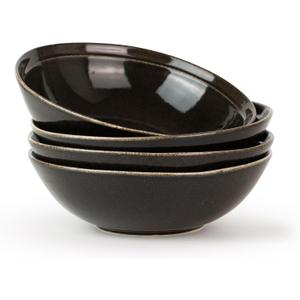 famiware Pasta Bowls Set of 4, 42oz Deep Salad Bowls for Eating - Aegean Stoneware Large Soup Bowl Dish Set - Microwave and Dishwasher Safe, Irregular Round, Black Coffee